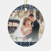 Custom 2 Sided Navy Blue Elegant 2 Foto Hochzeit Keramik Ornament (Links)