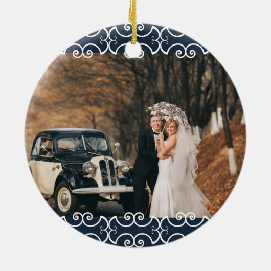 Custom 2 Sided Navy Blue Elegant 2 Foto Hochzeit Keramik Ornament (Hinten)