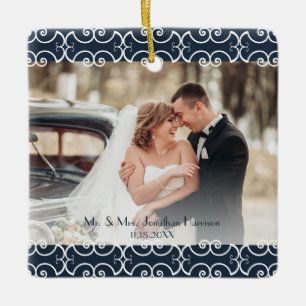 Custom 2 Sided Navy Blue Elegant 2 Foto Hochzeit Keramikornament