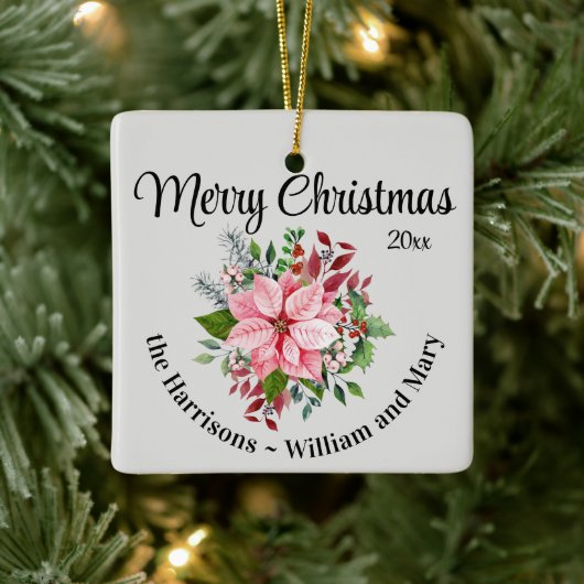 Custom, 2-Sides Christmas Pink Poinsettia Bouquet Keramikornament (Baum)