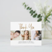 Custom 3 Baby Fotos Gold Script Geburt Vielen Dank Postkarte (Stehend Vorderseite)
