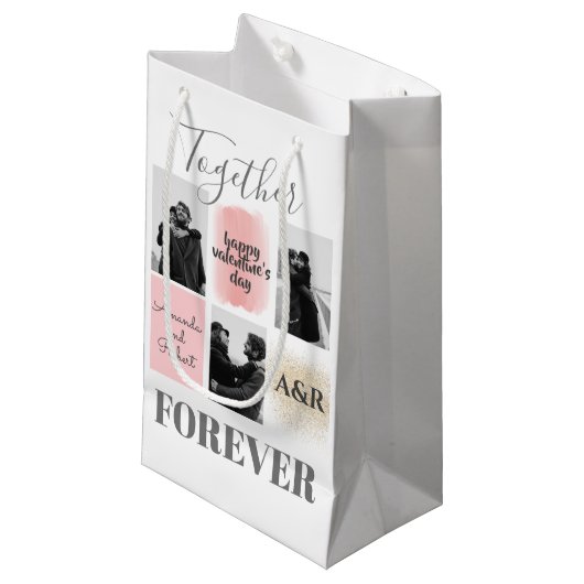 Custom 3 Couple Fotos Happy Valentines Kleine Geschenktüte (Vorderseite Schrägansicht)