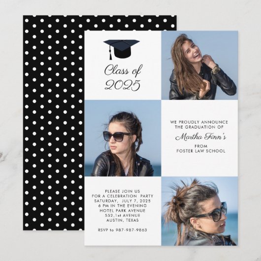 Custom 3 Foto Collage Class Abschluss Einladung (Vorne/Hinten)