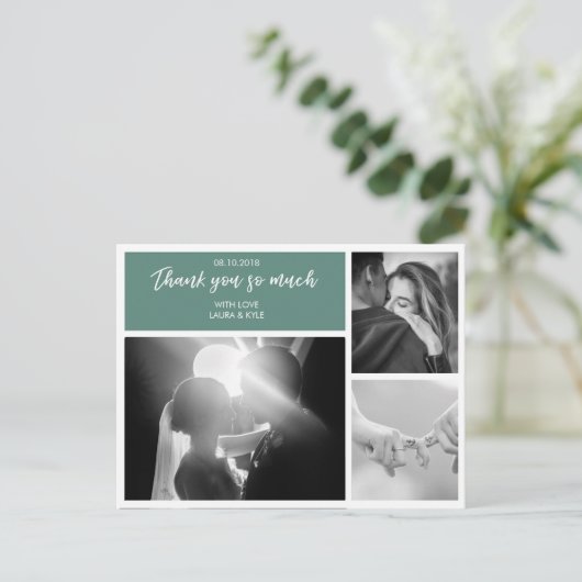 Custom 3 Foto Collage Emerald Wedding Vielen Dank Postkarte (Stehend Vorderseite)