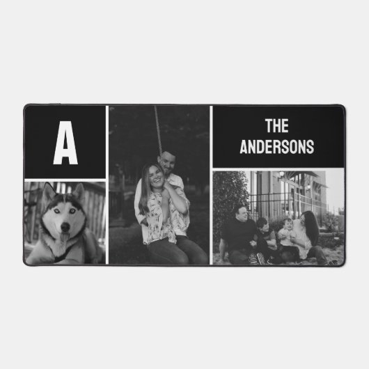 Custom 3 Foto Collage Monogram Black Schreibtischunterlage (Vorderseite)