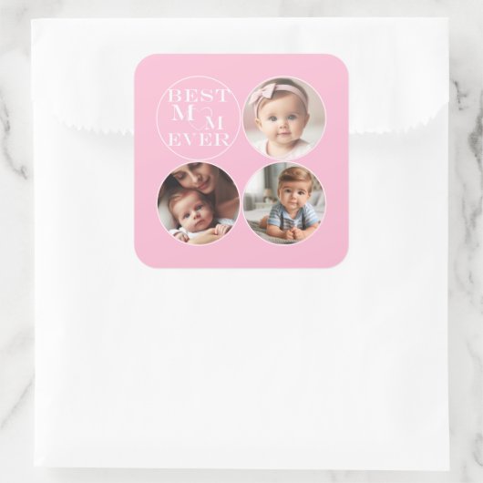 Custom 3- Photo "Best Mom Ever" Soft Pastel Pink Quadratischer Aufkleber (Tasche)