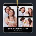 Custom 3 Sections Family Foto Collage Black Frame Keramikornament<br><div class="desc">Eine schöne Anordnung von vier Fotos, die in 3 Abschnitte unterteilt sind, mit einem rechteckigen Rahmen auf der links Seite und zwei Querformat-Rahmen mit schwarzem Rechteck auf der rechten Seite mit einem Text auf der unteren Seite. Personalisieren Sie es mit Ihren eigenen Fotos und Texten. Perfekt für Ihre Lieben ein...</div>