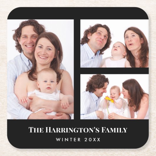 Custom 3 Sections Family Foto Collage Black Frame Rechteckiger Pappuntersetzer (Vorderseite)