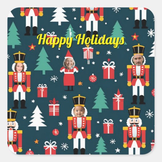 custom 4 face photo Christmas nutcracker Quadratischer Aufkleber (Vorderseite)