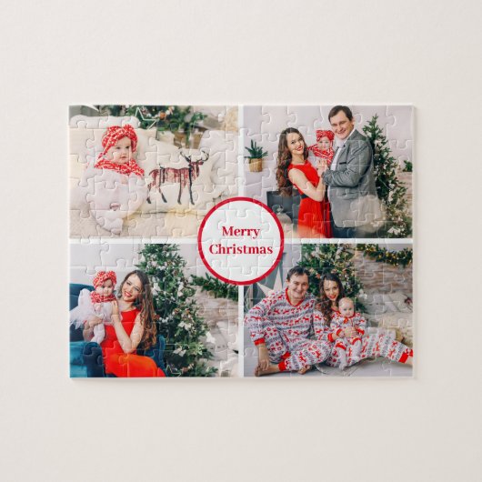 Custom 4 Family Foto Collage Frohe Weihnachten Puzzle (Horizontal)