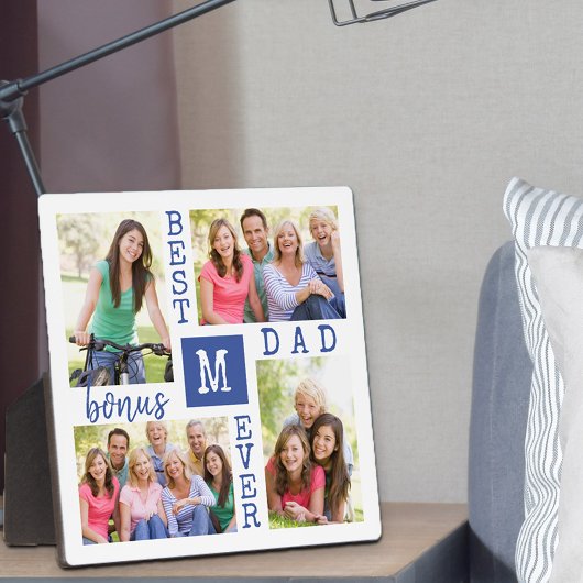 Custom 4 Foto Collage Bester Bonus Vater je blau Fotoplatte