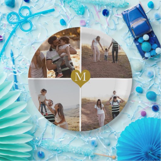 Custom 4 Foto Collage Gold Heart Mit Monogramm Pappteller (Party)