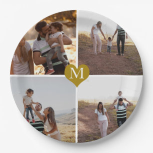 Custom 4 Foto Collage Gold Heart Mit Monogramm Pappteller
