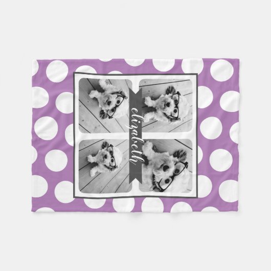 Custom 4 Foto Collage Lila Polka Dot Grau Name Fleecedecke (Vorderseite (Horizontal))