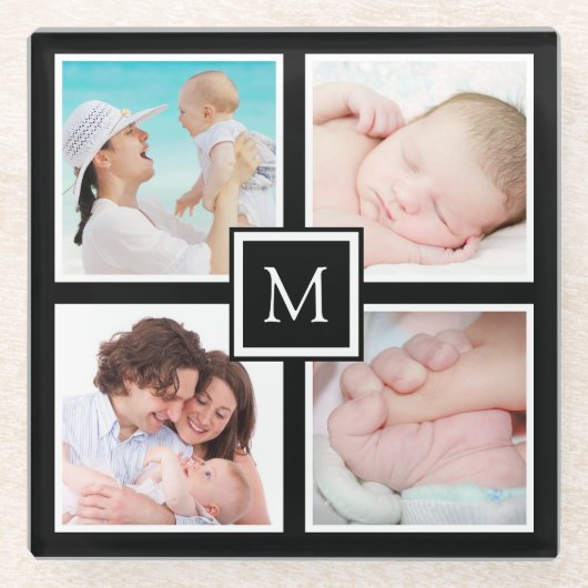 Custom 4 Foto Collage Monogram Black Glasuntersetzer (Vorderseite)