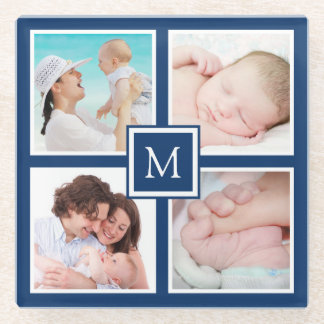 Custom 4 Foto Collage Monogram Blue Glasuntersetzer