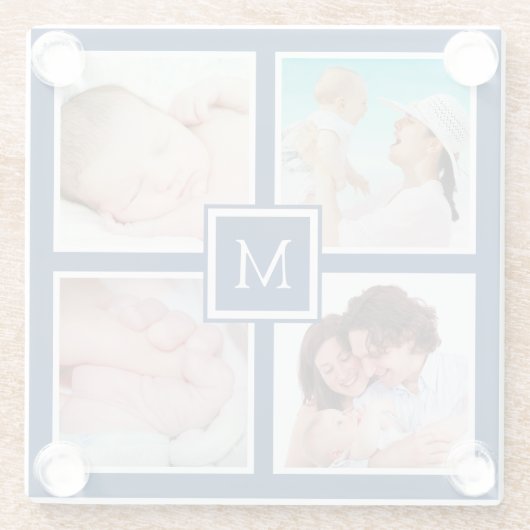 Custom 4 Foto Collage Monogram Blue Glasuntersetzer (Rückseite)