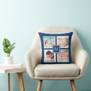 Custom 4 Foto Collage Monogram Blue Kissen