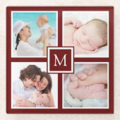 Custom 4 Foto Collage Monogram Burgundy Glasuntersetzer (Vorderseite)