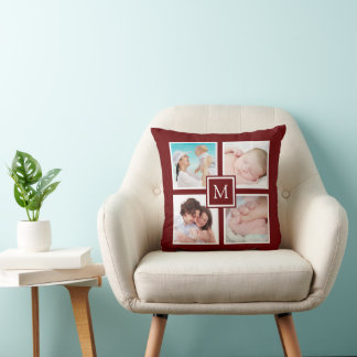 Custom 4 Foto Collage Monogram Burgundy Kissen