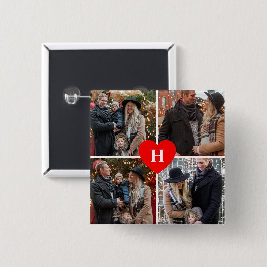 Custom 4 Foto Collage Red Heart Monogram Button (Vorne & Hinten)
