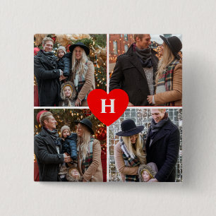 Custom 4 Foto Collage Red Heart Monogram Button