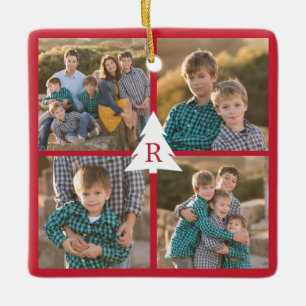 Custom 4 Foto Collage Weihnachtsbaum Monogram Red Keramikornament