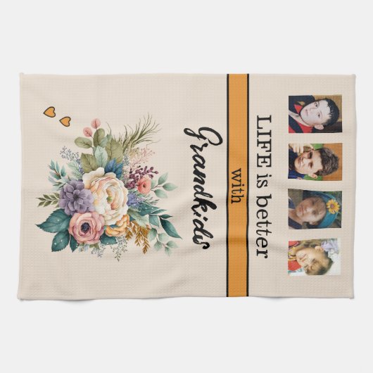 Custom 4 Foto Enkelkinder Blumenorange Geschirrtuch (Horizontal)