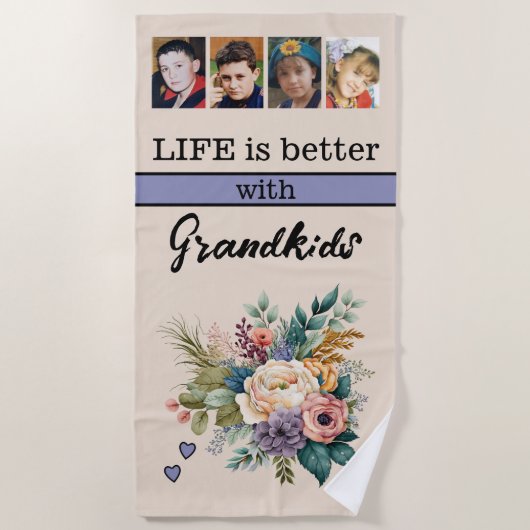 Custom 4 Foto Enkelkinder Blumenstrauß lila Strandtuch (Vorderseite)