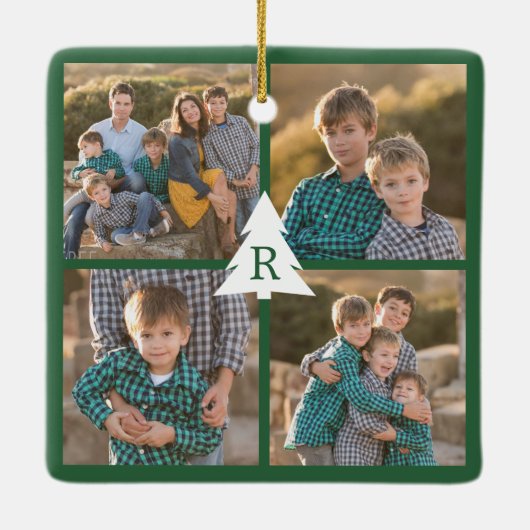 Custom 4 Foto Weihnachtsbaum Monogram Green Keramikornament (Rückseite)