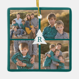 Custom 4 Foto Weihnachtsbaum Monogramm Aquamarin Keramikornament