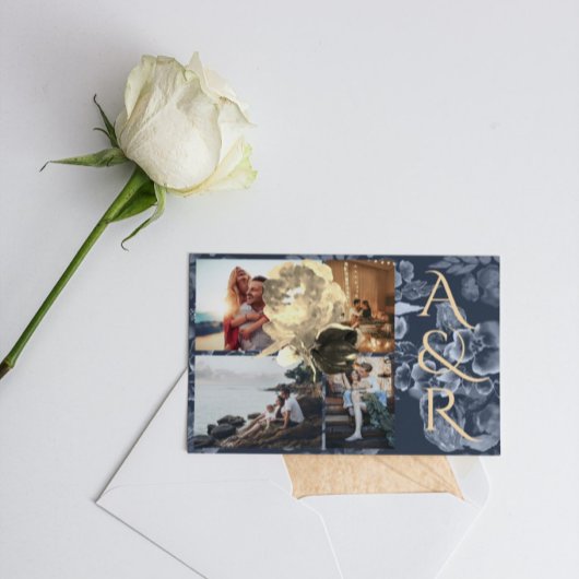 Custom 4 Fotos Navy Blue Golden Floral Hochzeit Einladung