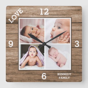 Custom 4 Photo Collage Family Name Love Wood Quadratische Wanduhr