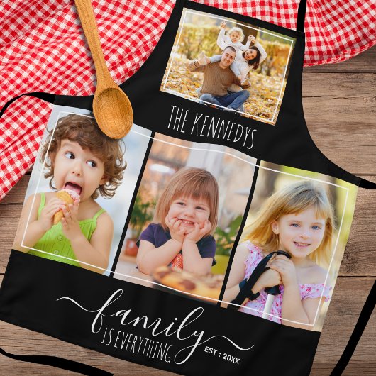 Custom 4 Photo Collage Family Quote And Name Black Schürze