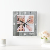 Custom 4 Photo Collage Gray Wood Family Love Quadratische Wanduhr (Zuhause)