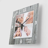 Custom 4 Photo Collage Gray Wood Family Love Quadratische Wanduhr (Winkel)