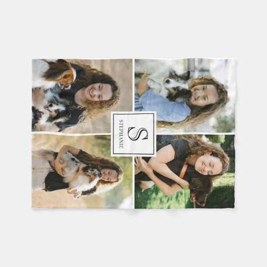 Custom 4 Photo Collage with Monogram and Name Fleecedecke (Vorderseite (Horizontal))