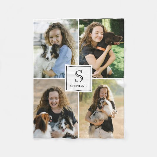 Custom 4 Photo Collage with Monogram and Name Fleecedecke (Vorderseite)