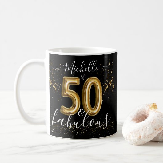 Custom 50. Fabulous Birthday Black Gold Ballons Kaffeetasse (Mit Donut)