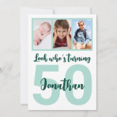 Custom 50. Geburtstag Green Script Foto Collage Einladung (Vorderseite)