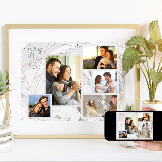 Custom 5 Foto Collage Love Life Graue Marmor Poster
