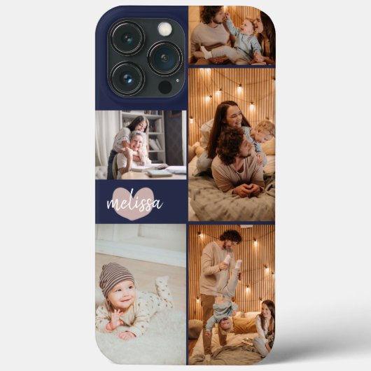 Custom 5 Fotos Niedlich Heftskriptname Navy Blue Case-Mate iPhone Hülle (Rückseite)