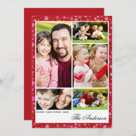 Custom 5-Photo Red Snowflake Christmas Flat Card Feiertagskarte