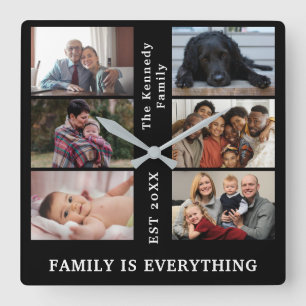Custom 6 Family photo collage with Family name Quadratische Wanduhr