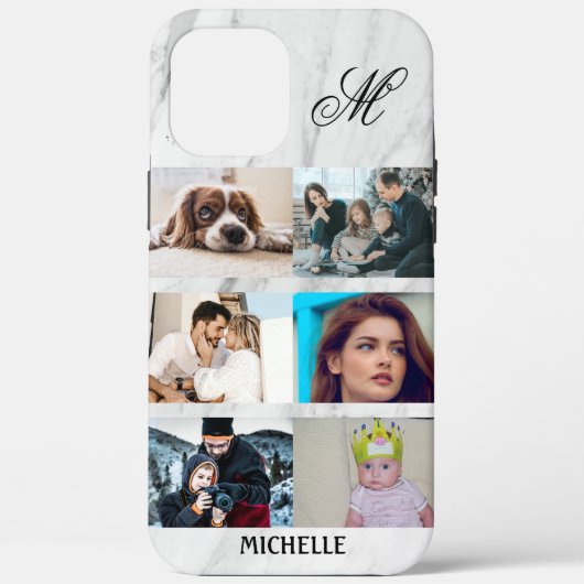 Custom 6 Foto Collage Monogram Name White Marble Case-Mate iPhone Hülle (Rückseite)