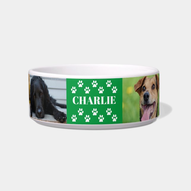 Custom 6 Pet Foto Collage Dogenname grün Napf (Vorderseite)