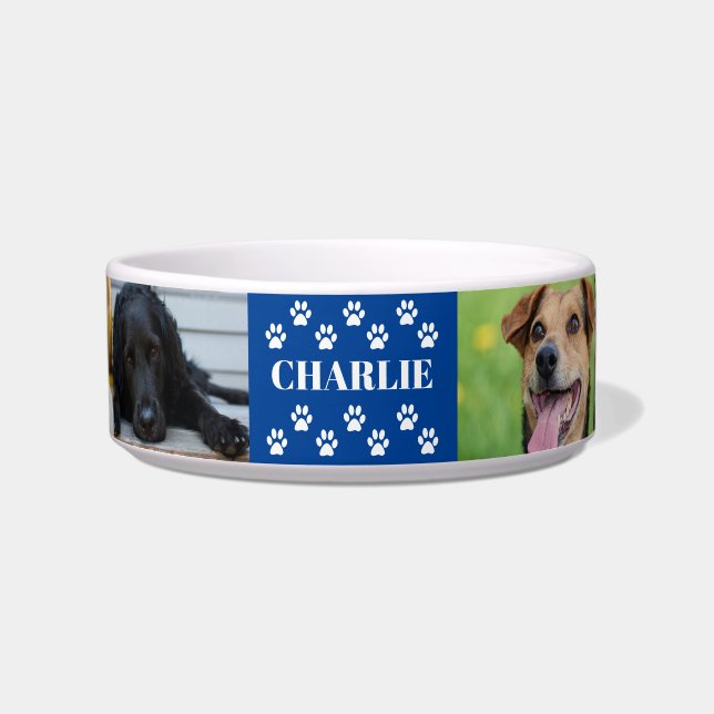 Custom 6 Pet Foto Collage Dose Name blau Napf (Vorderseite)