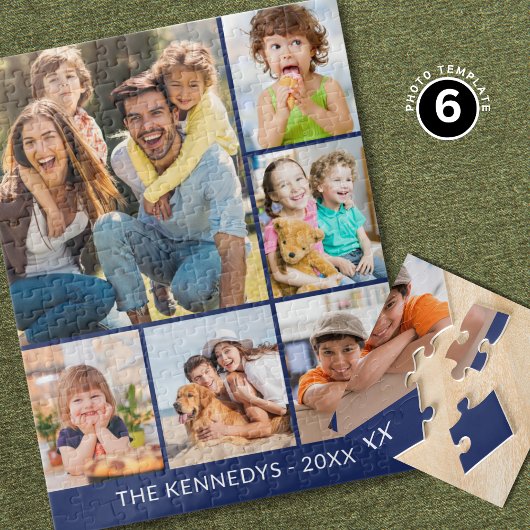 Custom 6 Photo Collage Family Name Minimalist Blue Puzzle