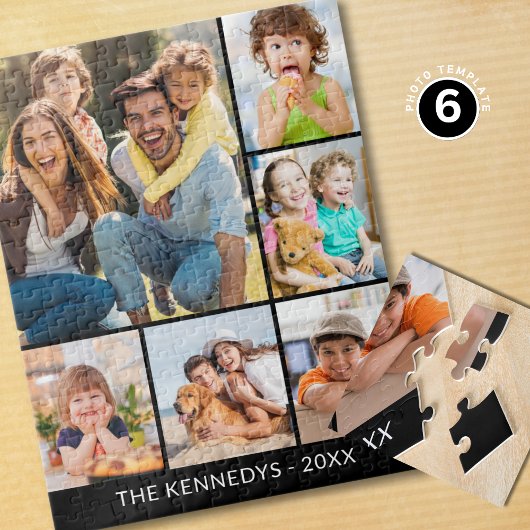 Custom 6 Photo Collage Family Name Minimalist  Puzzle