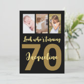 Custom 70. Geburtstag Gold Modern Foto Collage Einladung (Stehend Vorderseite)